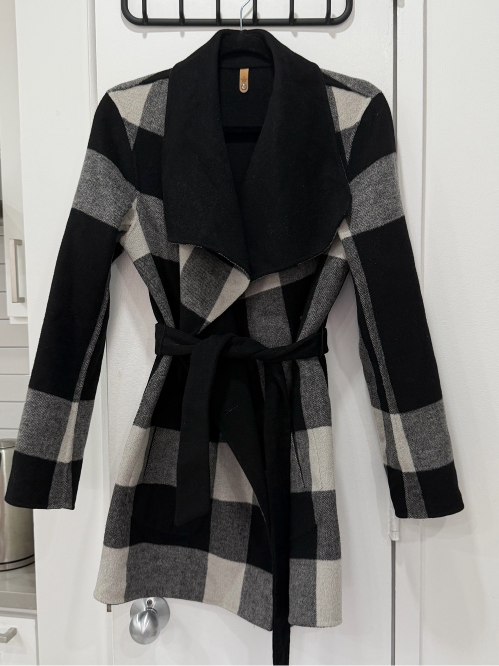 Mackage Reversible Belted Wool Coat – Black & Grey Plaid – Size S